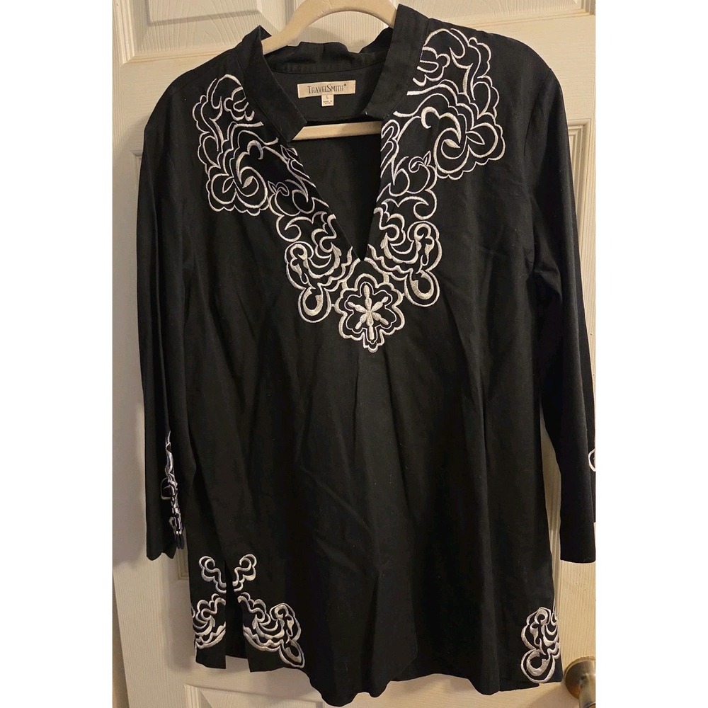 Travel Smith Women's Embroidered Black 3/4 Sleeve V Neck Linen Blouse Size L